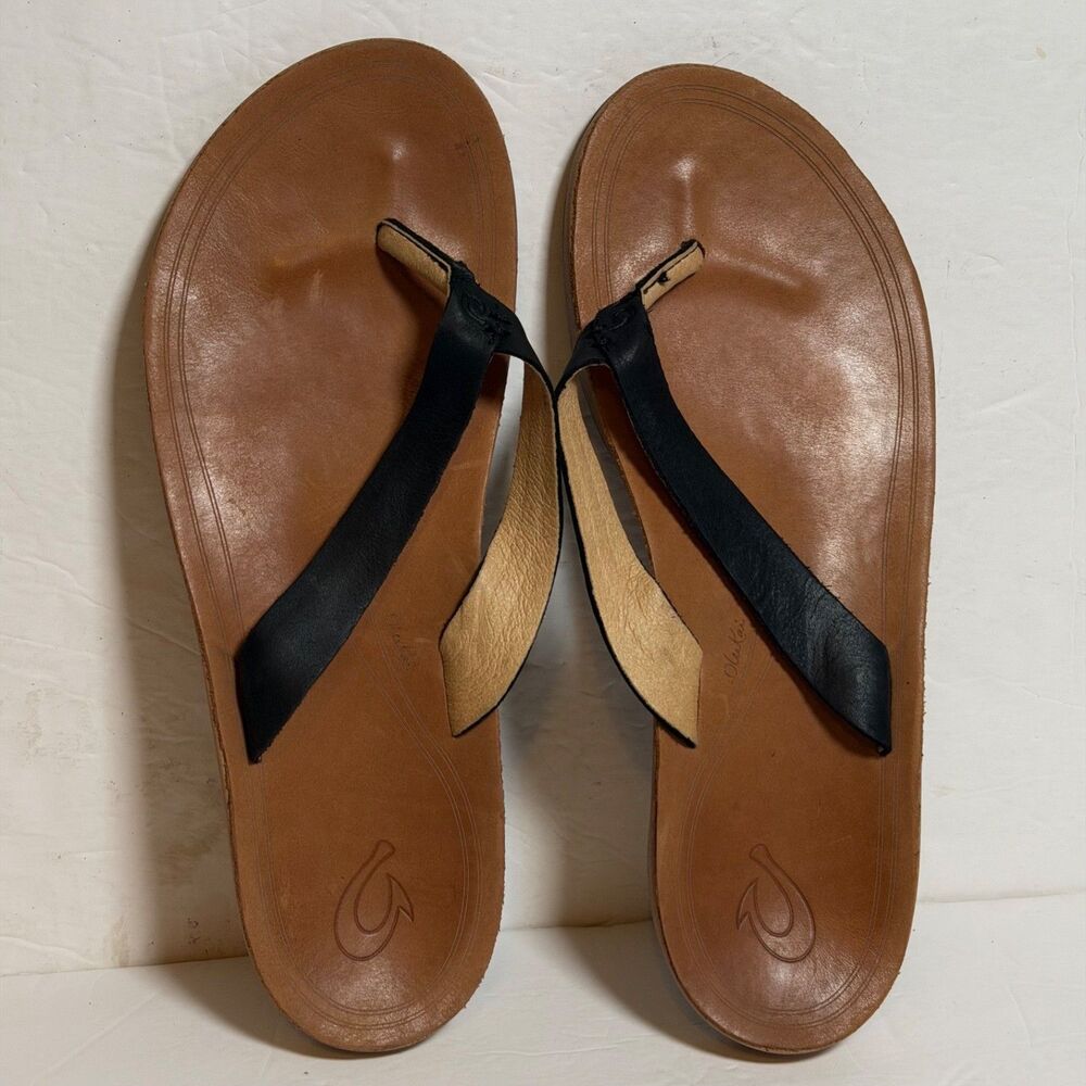 OluKai Nonohe W Womens 11 Black Leather Thong Flip Flop Sandals 20440-40GS